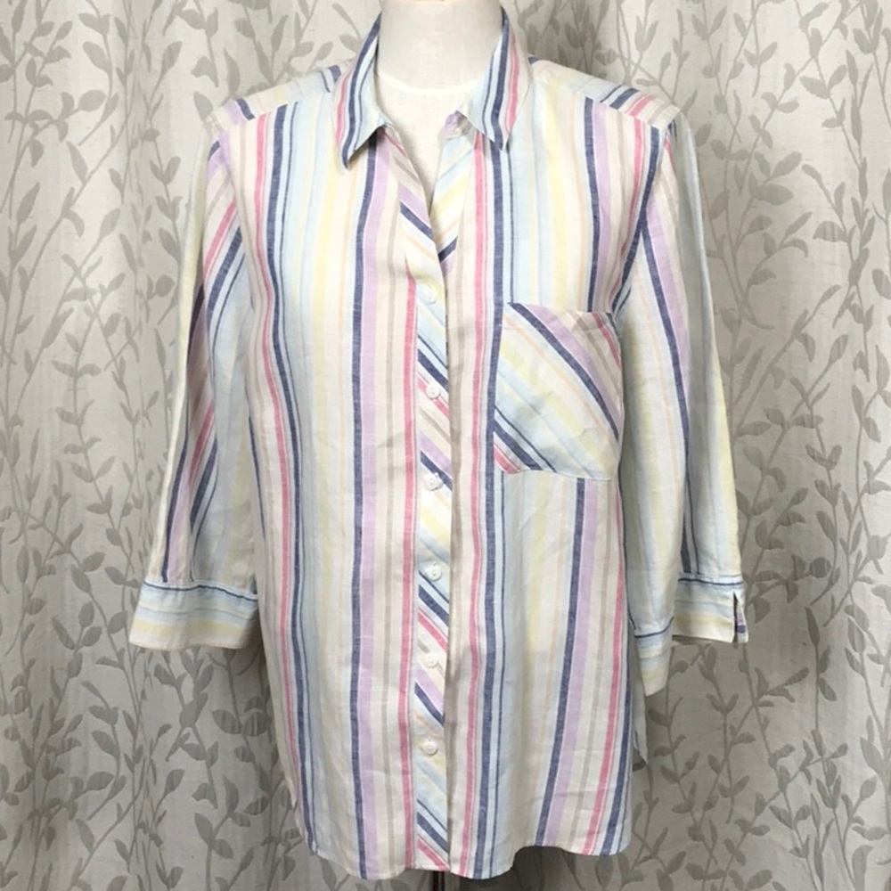 Chico’s No Iron Linen Button Top with Colorful Stripes. Size 16/18 XL